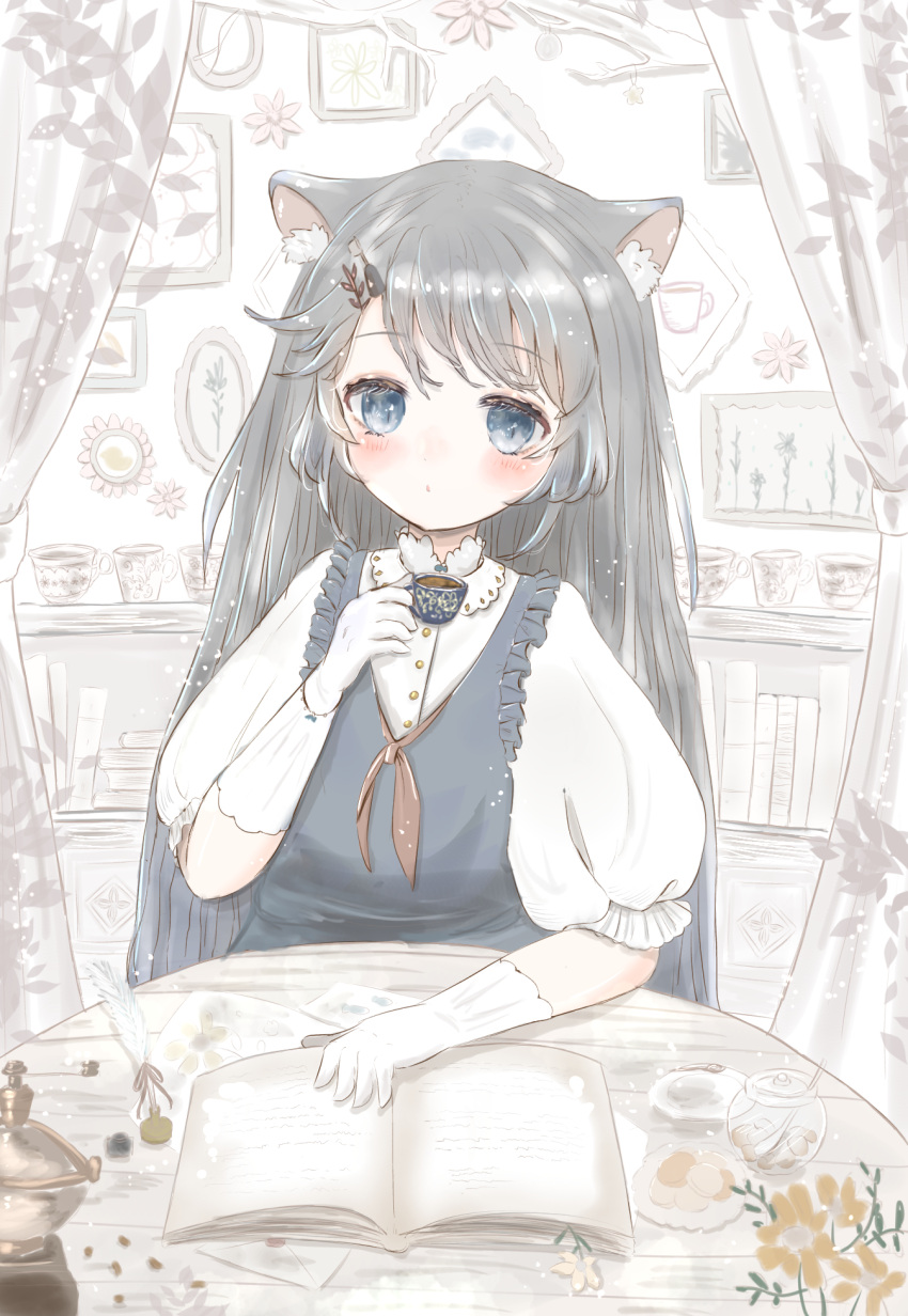 1girl animal_ears blue_eyes blush book cat_ears cat_girl cup curtains dress feerie flower gloves highres looking_down original pale_skin picture_(object) picture_frame reading silver_hair teacup