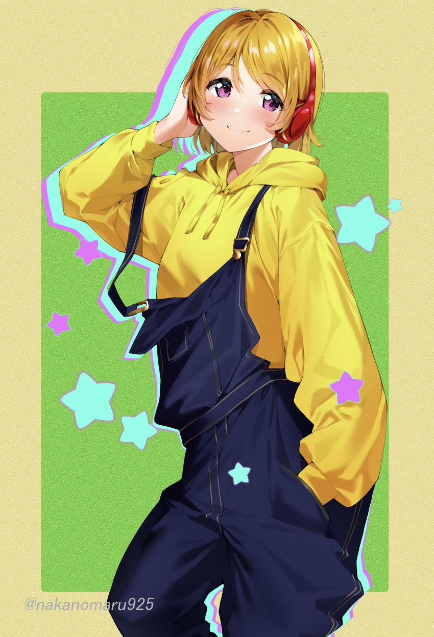 1girl absurdres blush closed_mouth commentary_request eyebrows_visible_through_hair hand_in_pocket headphones highres jacket koizumi_hanayo long_sleeves looking_at_viewer love_live! nakano_maru overalls smile solo star_(symbol) twitter_username violet_eyes yellow_jacket