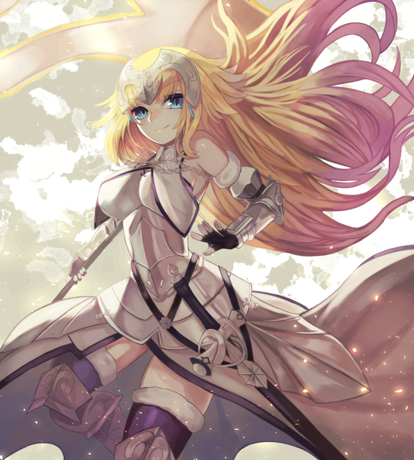 1girl armor armored_dress banner black_ribbon blonde_hair blue_eyes braid eyebrows_visible_through_hair fate/apocrypha fate/grand_order fate_(series) gauntlets highres jeanne_d'arc_(fate) jeanne_d'arc_(fate)_(all) long_hair low-tied_long_hair mochi_(pha_pja) ponytail purple_legwear ribbon ruler_(fate/apocrypha) sheath sheathed single_braid smile solo standing sword thigh-highs very_long_hair weapon