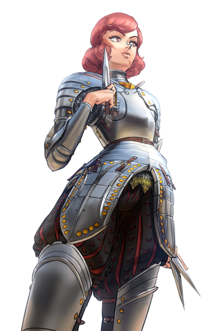 1girl absurdres anne_(ousama_ranking) armor belt belt_buckle buckle closed_mouth commentary cowboy_shot english_commentary highres holding holding_knife holding_weapon knife knight leg_armor ousama_ranking plate_armor pointy_nose red_eyes redhead scar scar_on_cheek scar_on_face shoulder_armor simple_background solo wassnonnam weapon white_background