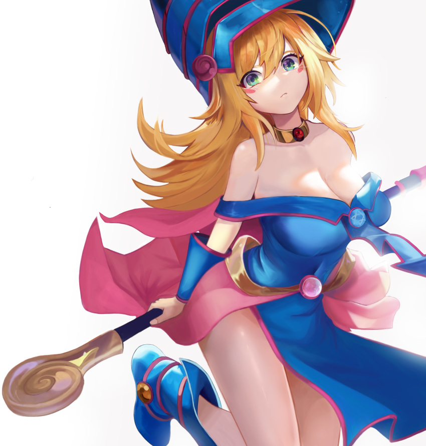 1girl bangs bare_shoulders blonde_hair blue_eyes blue_footwear blush boots breasts dark_magician_girl duel_monster gokusaishiki999 hair_between_eyes hat highres holding holding_wand long_hair looking_at_viewer off_shoulder smile solo thighs wand wizard_hat yu-gi-oh! yu-gi-oh!_duel_monsters yuu-gi-ou yuu-gi-ou_duel_monsters