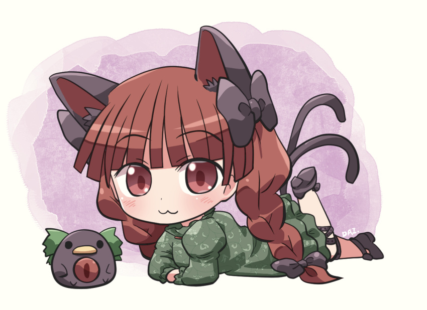 1girl :3 animal animal_ears bird black_footwear blush braid cat_ears cat_tail closed_mouth crow dress eyebrows_visible_through_hair full_body green_dress juliet_sleeves kaenbyou_rin long_hair long_sleeves multiple_tails puffy_sleeves red_eyes redhead reiuji_utsuho reiuji_utsuho_(bird) rokugou_daisuke signature smile solo tail touhou twin_braids two_tails