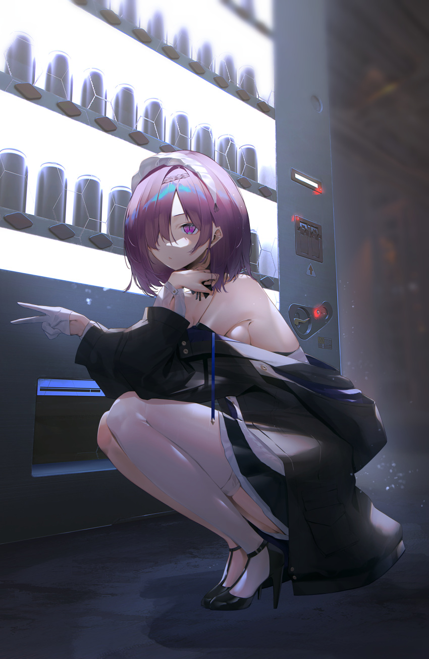 1girl absurdres azur_lane bangs bare_shoulders black_bow black_bowtie black_footwear black_jacket bow bowtie braid breasts closed_mouth commentary elbows_on_knees full_body gloves hair_ornament hair_over_one_eye hairband half_gloves hand_in_hair hands_up high_heels highres jacket ka11_ca long_sleeves looking_at_viewer medium_breasts medium_hair off_shoulder outdoors penelope_(azur_lane) purple_hair sideboob single_glove single_thighhigh solo squatting thigh-highs v vending_machine violet_eyes white_gloves white_hairband white_legwear