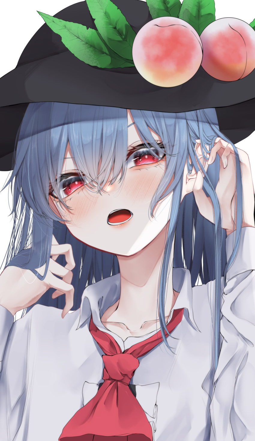 1girl absurdres ascot black_headwear blue_hair blush collarbone collared_shirt food fruit hair_between_eyes hat highres hinanawi_tenshi long_hair long_sleeves open_mouth peach red_ascot red_eyes shirt simple_background solo touhou tsune_(tune) upper_body white_background white_shirt