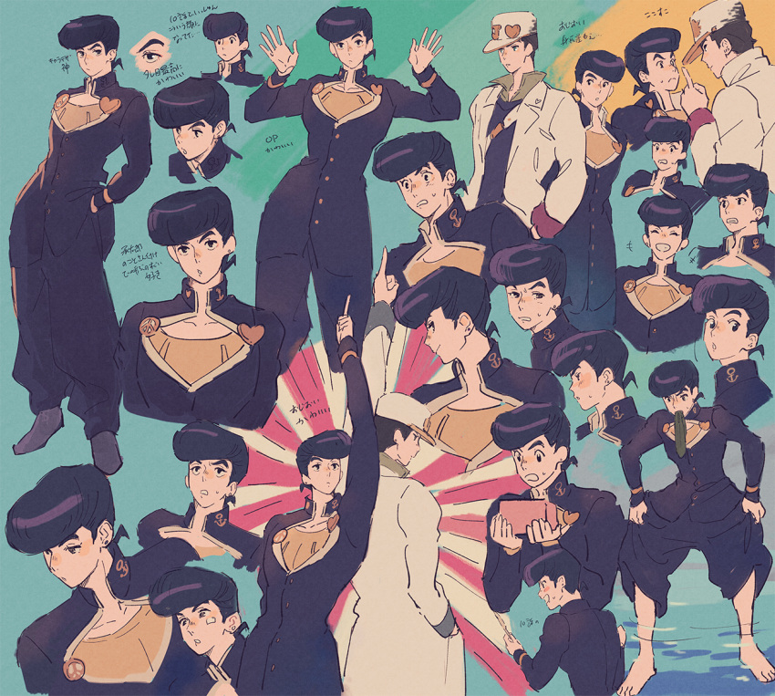 anchor barefoot black_eyes black_hair blue_eyes coat diamond_wa_kudakenai gakuran hat heart higashikata_josuke holding_pants jojo_no_kimyou_na_bouken kujo_jotaro long_coat male_focus mouth_hold pants pants_rolled_up partially_submerged peace_symbol pointing pointing_up pompadour purple_hair school_uniform son_(skvnmn0) white_coat