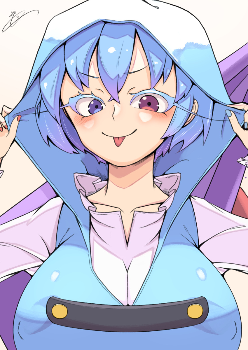 1girl absurdres arms_up bangs blue_dress blue_eyes blue_hair blush breasts closed_mouth dress eyebrows_visible_through_hair gradient gradient_background hair_between_eyes hands_up heterochromia highres hood kaitojaja19980520 large_breasts long_sleeves looking_at_viewer red_eyes red_nails shirt short_hair signature smile solo tatara_kogasa tongue tongue_out touhou white_background white_shirt yellow_background