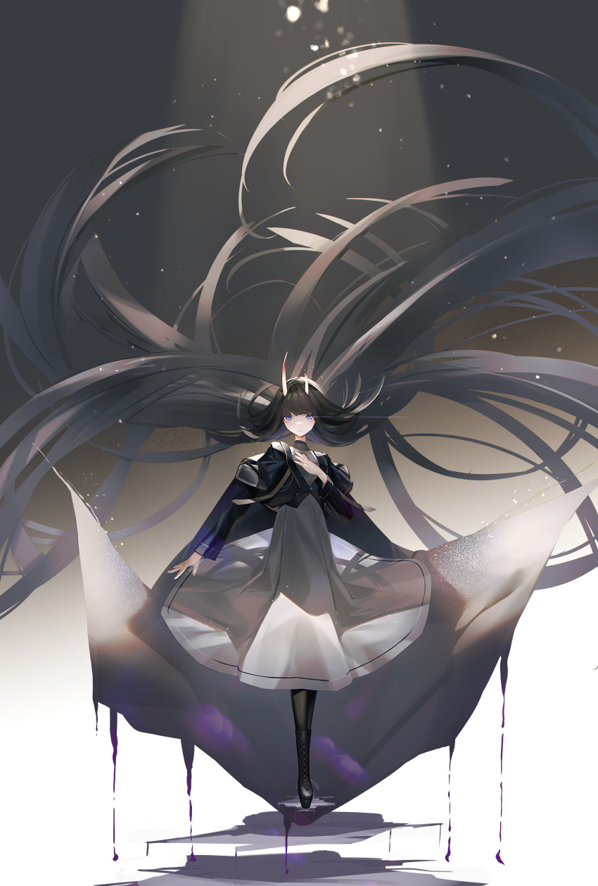 1girl absurdly_long_hair absurdres azur_lane bangs black_footwear black_hair black_jacket black_legwear blush boots breasts broken_horn closed_mouth commentary cross-laced_footwear dress eyebrows_visible_through_hair floating_hair grey_dress hand_on_own_chest hand_up highres horns jacket ka11_ca long_hair long_sleeves looking_at_viewer nail_polish noshiro_(azur_lane) platform_footwear red_nails small_breasts solo standing thigh-highs very_long_hair violet_eyes