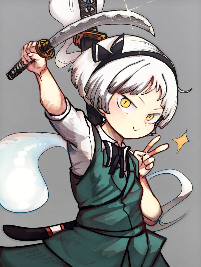 1girl alternate_eye_color andanon arm_up bangs black_bow black_bowtie black_hairband bow bowtie breasts closed_mouth collared_shirt dress ghost gradient gradient_hair green_dress grey_background hairband hands_up highres hitodama katana konpaku_youmu konpaku_youmu_(ghost) looking_at_viewer multicolored_hair puffy_short_sleeves puffy_sleeves shirt short_hair short_sleeves silver_hair simple_background small_breasts smile solo star_(symbol) sword touhou v weapon white_hair white_shirt yellow_eyes