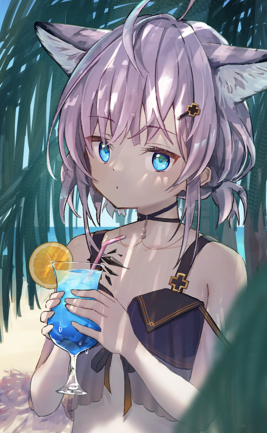 1girl absurdres ahoge animal_ear_fluff animal_ears arknights bangs bare_shoulders beach bikini black_bikini black_choker blue_eyes choker closed_mouth collarbone cup day drink drinking_glass eyebrows_visible_through_hair flat_chest food fox_ears fruit hair_ornament hairclip highres holding holding_cup lemon lemon_slice looking_at_viewer low_twintails matsushika official_alternate_costume oripathy_lesion_(arknights) outdoors palm_tree purple_hair short_hair short_twintails solo sussurro_(arknights) sussurro_(summer_flowers)_(arknights) swimsuit tree twintails upper_body