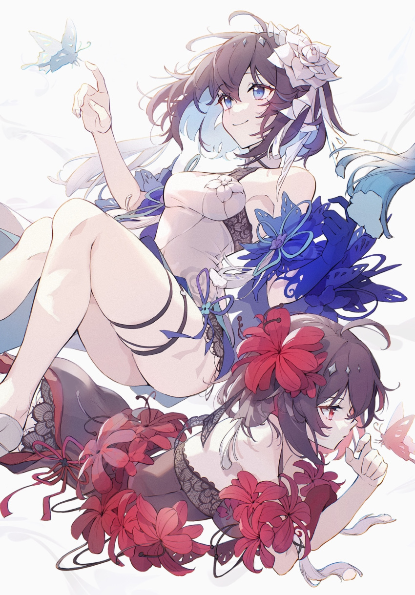 2girls ahoge bangs bare_shoulders blue_eyes blue_hair brown_hair bug butterfly chromatic_aberration closed_mouth colored_inner_hair commentary_request day dress dual_persona eyebrows_visible_through_hair flower hair_between_eyes hair_flower hair_ornament highres honkai_(series) honkai_impact_3rd knees_up lying multicolored_hair multiple_girls nasubi_(1ra1ri1ko2cho1mi2na) on_stomach red_eyes redhead seele_(alter_ego) seele_vollerei seele_vollerei_(stygian_nymph) short_hair sleeveless sleeveless_dress smile spider_lily sunlight thighlet