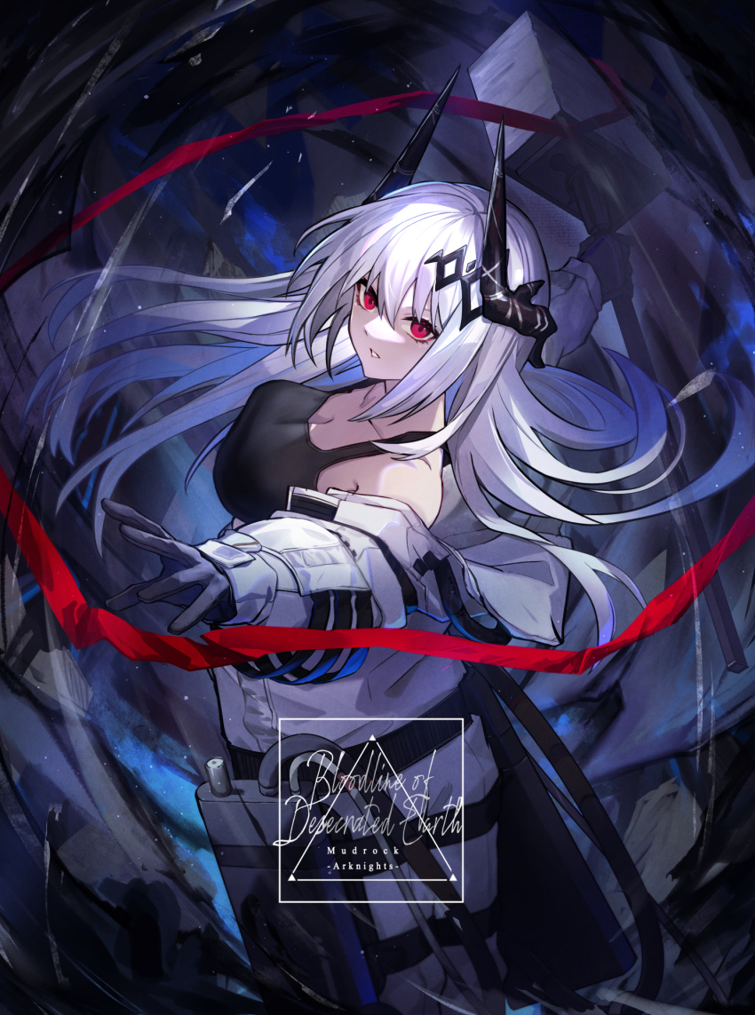 1girl arknights bangs bare_shoulders demon_girl demon_horns eisuto elite_ii_(arknights) gloves hair_ornament hairclip highres holding holding_weapon horns long_hair mudrock_(arknights) off_shoulder parted_lips red_eyes silver_hair solo tank_top war_hammer weapon