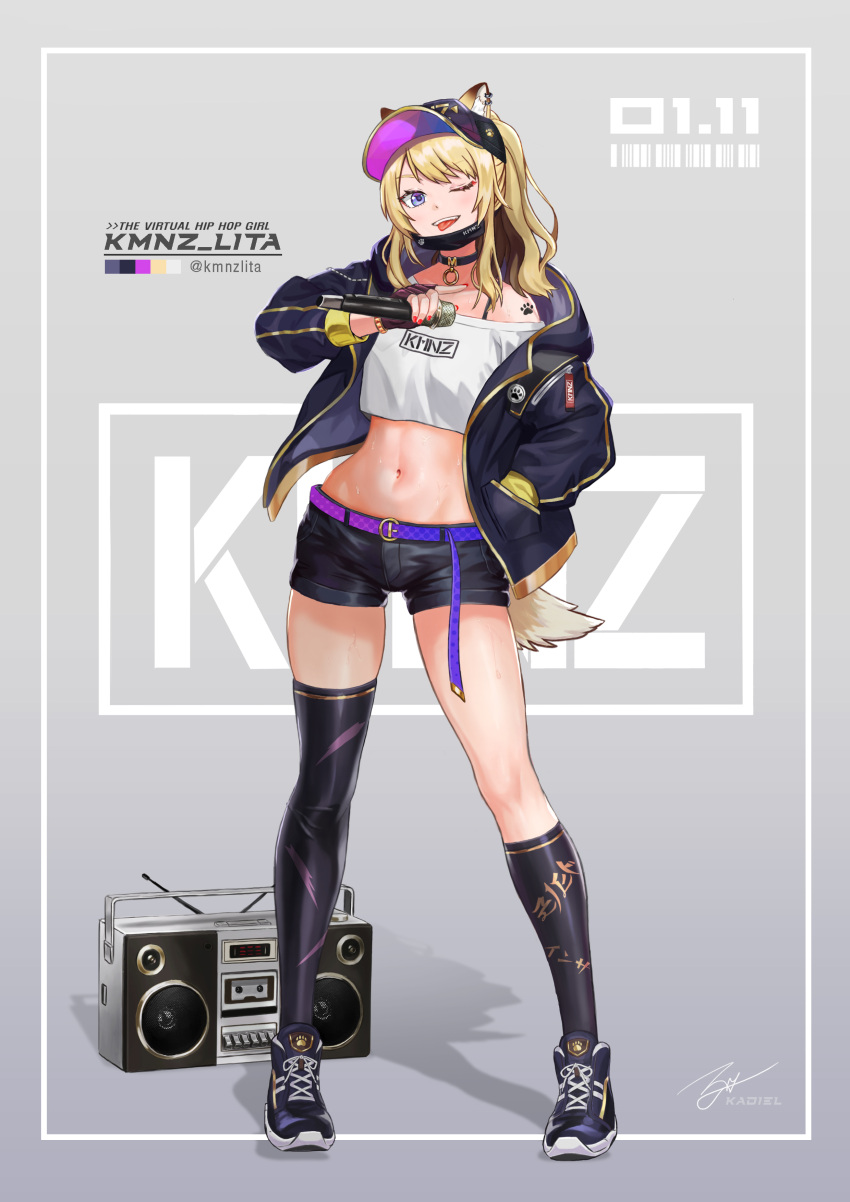 1girl ;p absurdres animal_ears asymmetrical_legwear baseball_cap belt blonde_hair character_name cropped_shirt dated dog_ears dog_tail ears_through_headwear fingerless_gloves gloves hand_in_pocket hat highres jacket kadiel kmnz kneehighs long_hair long_sleeves looking_at_viewer mask mask_pull mc_lita midriff navel off_shoulder one_eye_closed open_clothes open_jacket paw_print shoes short_shorts shorts single_bare_shoulder single_kneehigh single_thighhigh sneakers stereo sweat tail thigh-highs tongue tongue_out uneven_legwear virtual_youtuber