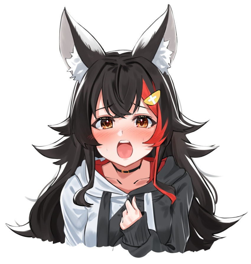 1girl animal_ear_fluff animal_ears bangs black_hair black_hoodie brown_eyes commentary_request cropped_torso daichi_(daichi_catcat) eyebrows_visible_through_hair hair_ornament hairclip highres hololive hood hoodie long_hair long_sleeves looking_at_viewer multicolored_hair ookami_mio open_mouth redhead simple_background sleeves_past_wrists solo streaked_hair upper_body virtual_youtuber white_background white_hoodie wolf_ears