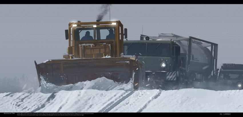 2boys chinese_commentary commentary_request english_text grey_sky ground_vehicle haguruma_c highres kirovets_k-700 letterboxed maz-537 mercedes-benz_g-class military military_vehicle motor_vehicle multiple_boys oil_tanker original side_mirror smoke smokestack snow snowplow tree truck