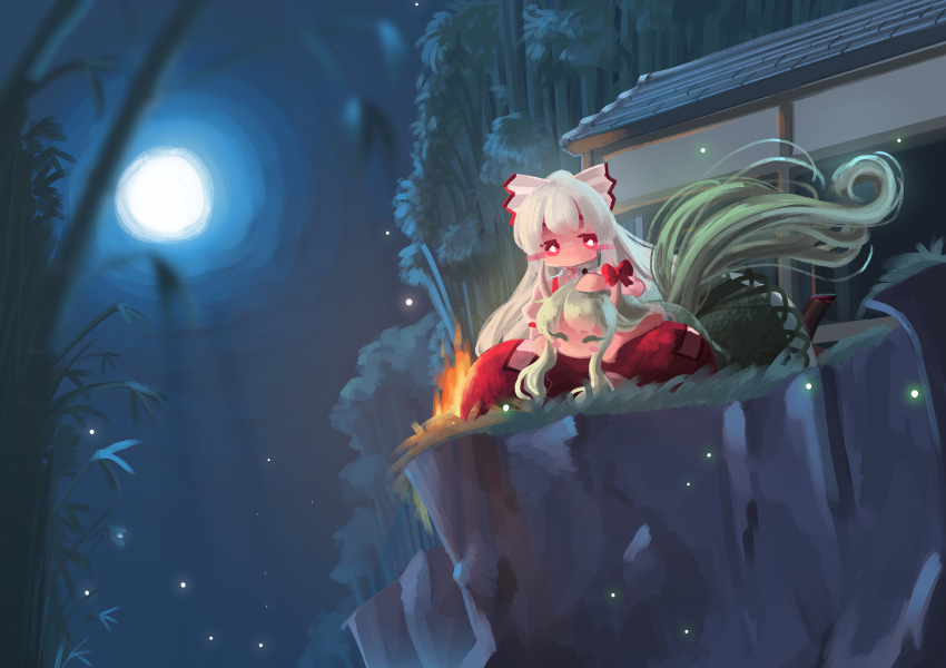 absurdres bamboo bamboo_forest bangs blush_stickers bow bright_pupils building chibi cliff closed_eyes dress english_commentary ex-keine fire forest fujiwara_no_mokou full_body full_moon green_dress green_hair hair_bow hand_on_another's_head highres horn_bow horn_ornament horns kamishirasawa_keine long_hair moon nature night outdoors pants red_bow red_eyes red_pants shirt suspenders sweet_reverie tail touhou white_bow white_hair white_pupils white_shirt
