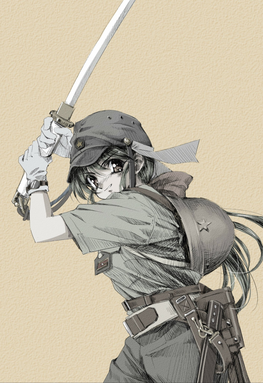 1girl hat headwear_removed helmet helmet_removed highres imperial_japanese_army katana longmei_er_de_tuzi original sword uniform weapon world_war_ii