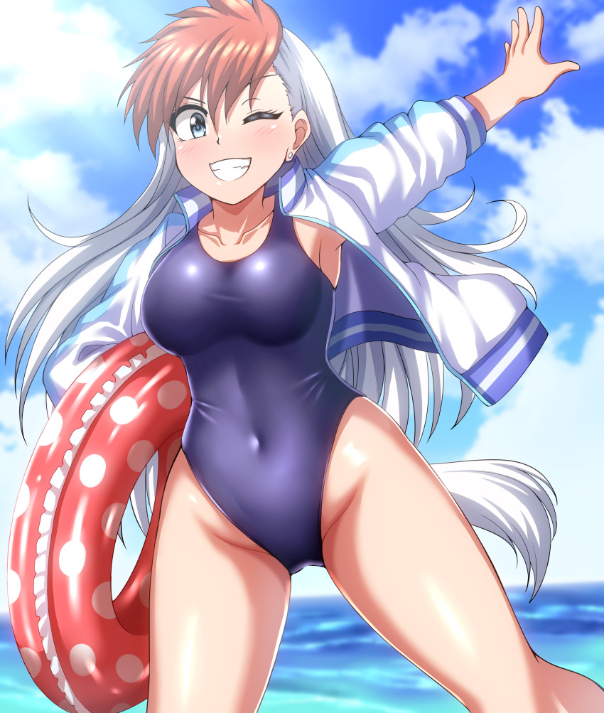 1girl absurdres blue_eyes blue_sky blue_swimsuit breasts clouds collarbone commentary_request covered_navel cowboy_shot day ghost_sweeper_mikami grin highres horizon innertube inuzuka_shiro jacket large_breasts letterman_jacket looking_at_viewer multicolored_clothes multicolored_hair multicolored_jacket ocean one-piece_swimsuit outdoors polka_dot_innertube redhead school_swimsuit sky smile solo swimsuit two-tone_hair two-tone_jacket white_hair zanntetu