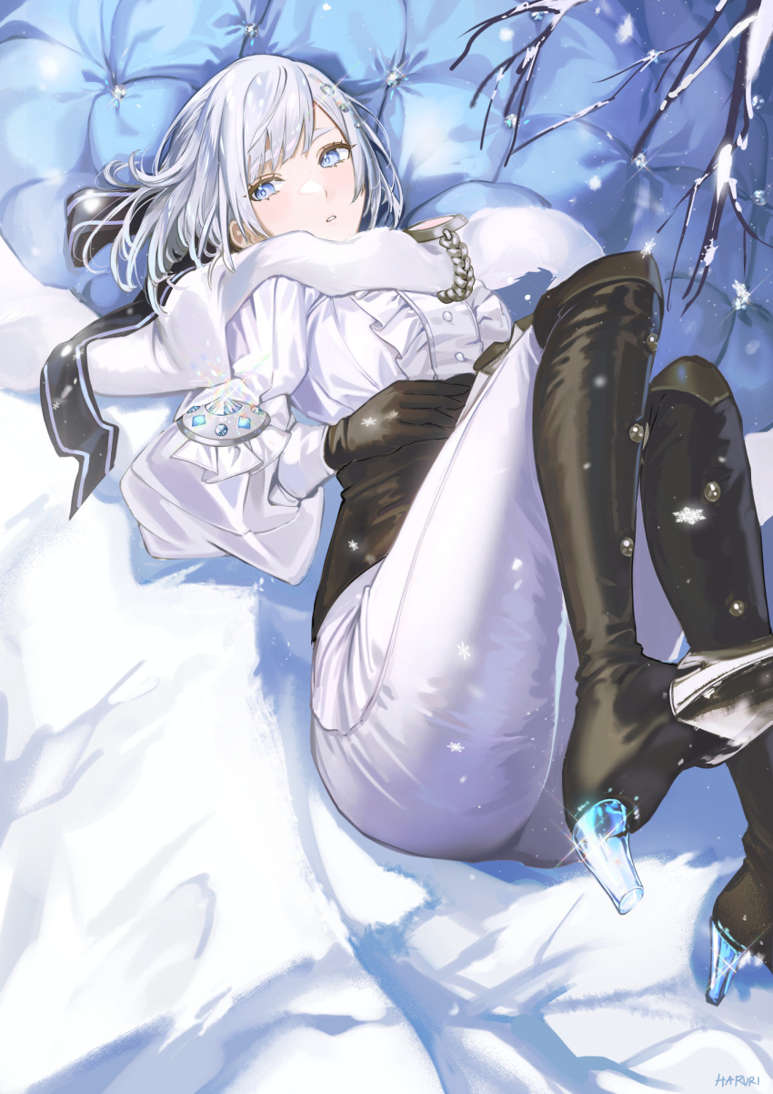 1girl akershus_fortress_(oshiro_project) artist_name bangs black_bow black_gloves blue_eyes bow buttons check_commentary commentary_request frills full_body glint gloves hair_bow haruri highres jewelry knees_up light_blush looking_to_the_side lying on_back oshiro_project_re pants parted_lips short_hair snow snowflakes solo swept_bangs thick_eyebrows thighs water_drop white_hair white_pants winter