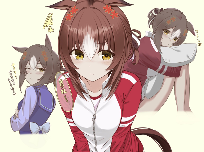1girl animal_ears blush breasts brown_hair collarbone commentary_request fine_motion_(umamusume) folded_ponytail green_eyes hair_ornament highres horse_ears horse_tail jacket looking_at_viewer medium_breasts one_eye_closed ryouta_(ryouta335) school_uniform simple_background tail tracen_school_uniform track_jacket translation_request umamusume