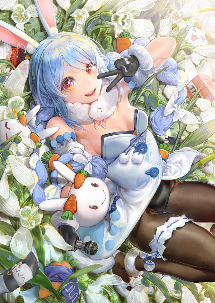 1girl :d animal_ears ankle_garter b.c.n.y. bangs bare_shoulders black_gloves black_legwear black_leotard blue_hair braid breasts carrot_hair_ornament coat cutout_above_navel detached_sleeves field flower flower_field food-themed_hair_ornament fur-trimmed_coat fur-trimmed_gloves fur_scarf fur_trim gloves hair_ornament highres hololive leg_garter leotard leotard_under_clothes long_hair looking_at_viewer lying mary_janes multicolored_hair nousagi_(usada_pekora) on_back orange_eyes pantyhose playboy_bunny puffy_short_sleeves puffy_sleeves rabbit_ears rabbit_girl scarf shoes short_eyebrows short_sleeves sideboob small_breasts smile solo strapless strapless_coat strapless_leotard swept_bangs thick_eyebrows twin_braids twintails two-tone_hair usada_pekora v_over_mouth virtual_youtuber white_coat white_footwear white_hair white_scarf white_sleeves