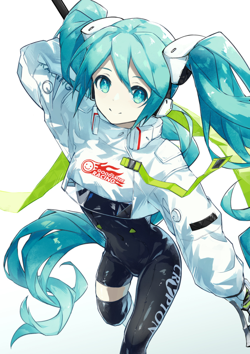 1girl aqua_eyes aqua_hair arm_behind_back arm_up asymmetrical_legwear bangs black_legwear black_leotard closed_mouth commentary crop_top crop_top_overhang cropped_jacket feet_out_of_frame flagpole from_above hair_between_eyes hair_ornament hatsune_miku headphones highres holding holding_pole jacket leotard logo long_hair looking_at_viewer pole racing_miku racing_miku_(2022) single_thighhigh smile smiley_face solo thigh-highs twintails very_long_hair vocaloid white_background white_jacket yohki