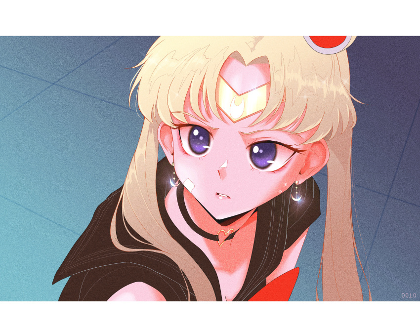 1girl absurdres bangs bishoujo_senshi_sailor_moon black_choker black_sailor_collar blonde_hair border choker crescent crescent_earrings derivative_work dhjs_0010 diadem earrings glint hair_over_shoulder heart heart_choker highres jewelry long_hair meme parted_bangs parted_lips sailor_collar sailor_moon sailor_moon_redraw_challenge_(meme) sailor_senshi_uniform screencap_redraw shadow sleeveless solo tsukino_usagi twintails white_border