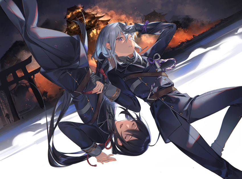 2boys absurdres ahoge bangs black_hair building closed_eyes commentary_request embers feet_out_of_frame fire gloves grey_gloves hair_between_eyes highres holding_hands honebami_toushirou long_hair looking_at_viewer male_focus military military_uniform multiple_boys namazuo_toushirou nay_akane night open_mouth parted_lips silver_hair smoke touken_ranbu uniform upside-down violet_eyes