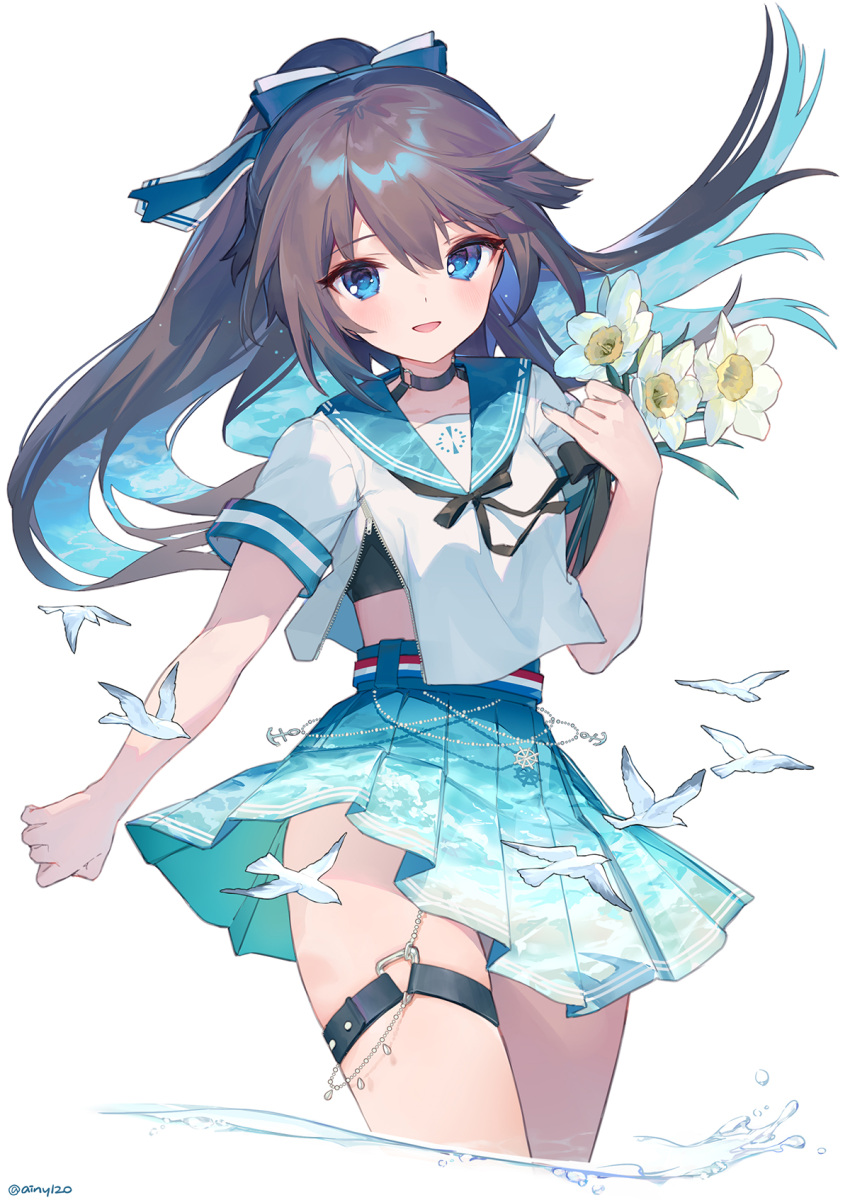 1girl :d ainy aqua_nails bangs black_ribbon blue_eyes brown_hair caustics choker colored_inner_hair commentary_request cowboy_shot crop_top cropped_legs eyebrows_visible_through_hair flower hair_between_eyes hand_up highres holding light_blush long_hair looking_at_viewer multicolored_hair nail_polish neck_ribbon open_mouth original partial_commentary pleated_skirt ribbon sailor_collar simple_background skirt smile solo standing thighlet water white_background white_bird white_flower zipper