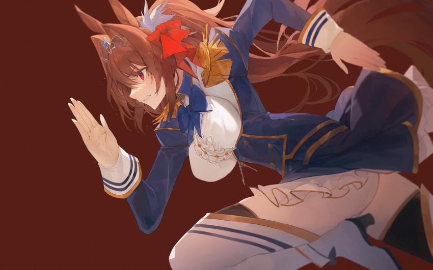 1girl bangs blouse bow breasts brown_hair clenched_teeth commentary epaulettes eyebrows_visible_through_hair frills from_side hair_between_eyes hair_bow hair_intakes highres horse_girl kuroduki_(pieat) large_breasts light_blush long_hair ponytail red_background red_bow red_eyes running sidelocks solo standing sweat teeth tiara umamusume white_blouse