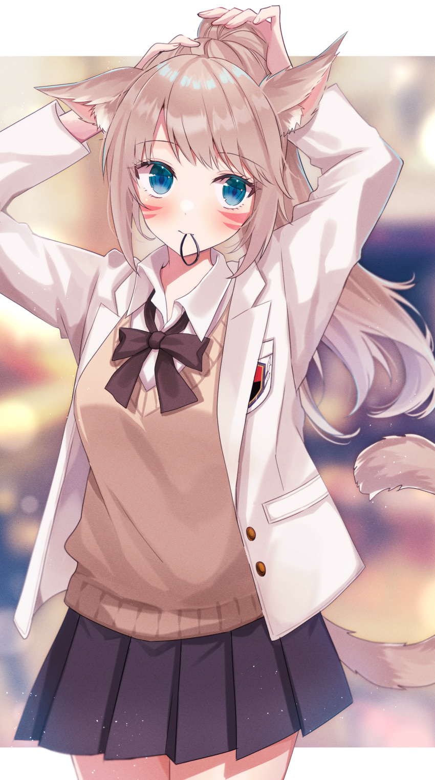 1girl absurdres animal_ears avatar_(ff14) black_skirt blue_eyes brown_hair cat_ears cat_girl cat_tail commentary_request commission facial_mark final_fantasy final_fantasy_xiv hair_tie_in_mouth highres jacket long_hair miqo'te mouth_hold pleated_skirt ponytail school_uniform skeb_commission skirt smile solo su2525 sweater_vest tail whisker_markings white_jacket