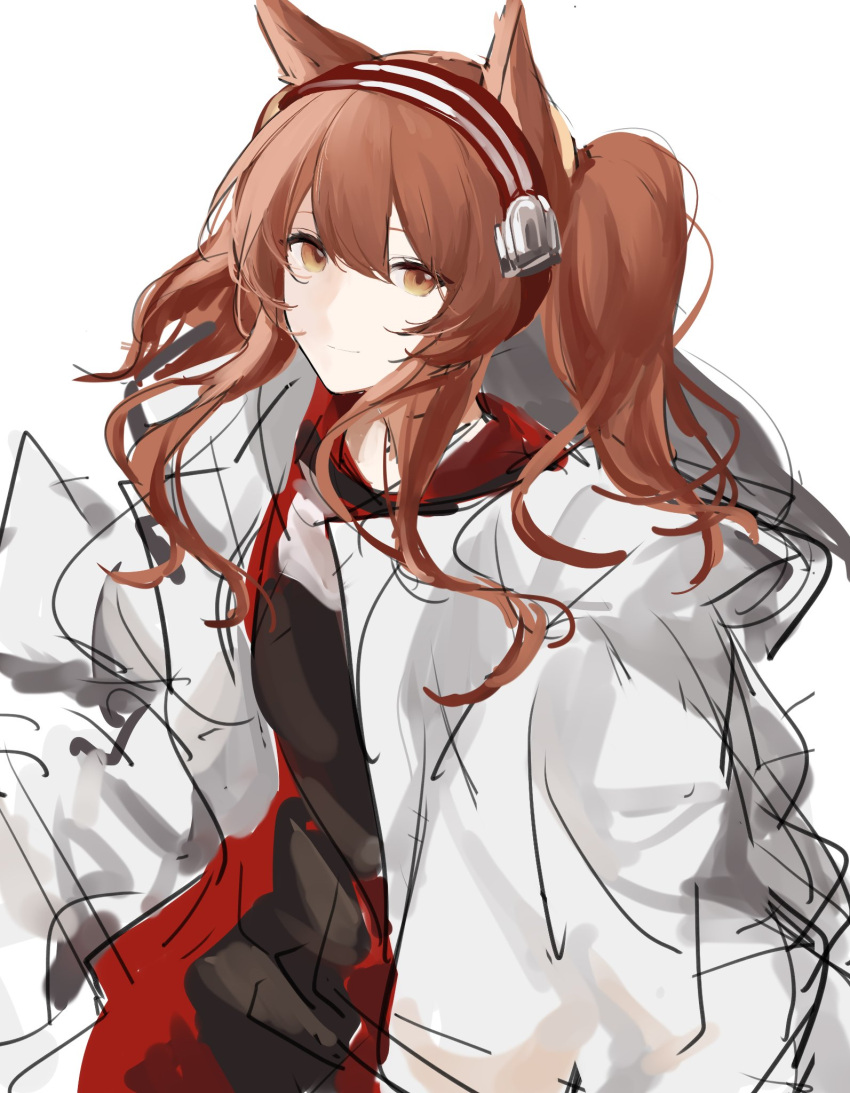 1girl angelina_(arknights) animal_ears arknights black_shirt brown_eyes brown_hair closed_mouth coat fox_ears from_above gradient gradient_background hairband highres joshua_(shisanli934) long_hair long_sleeves looking_at_viewer looking_up open_clothes open_coat red_hairband shirt sidelocks sketch smile solo twintails white_background white_coat