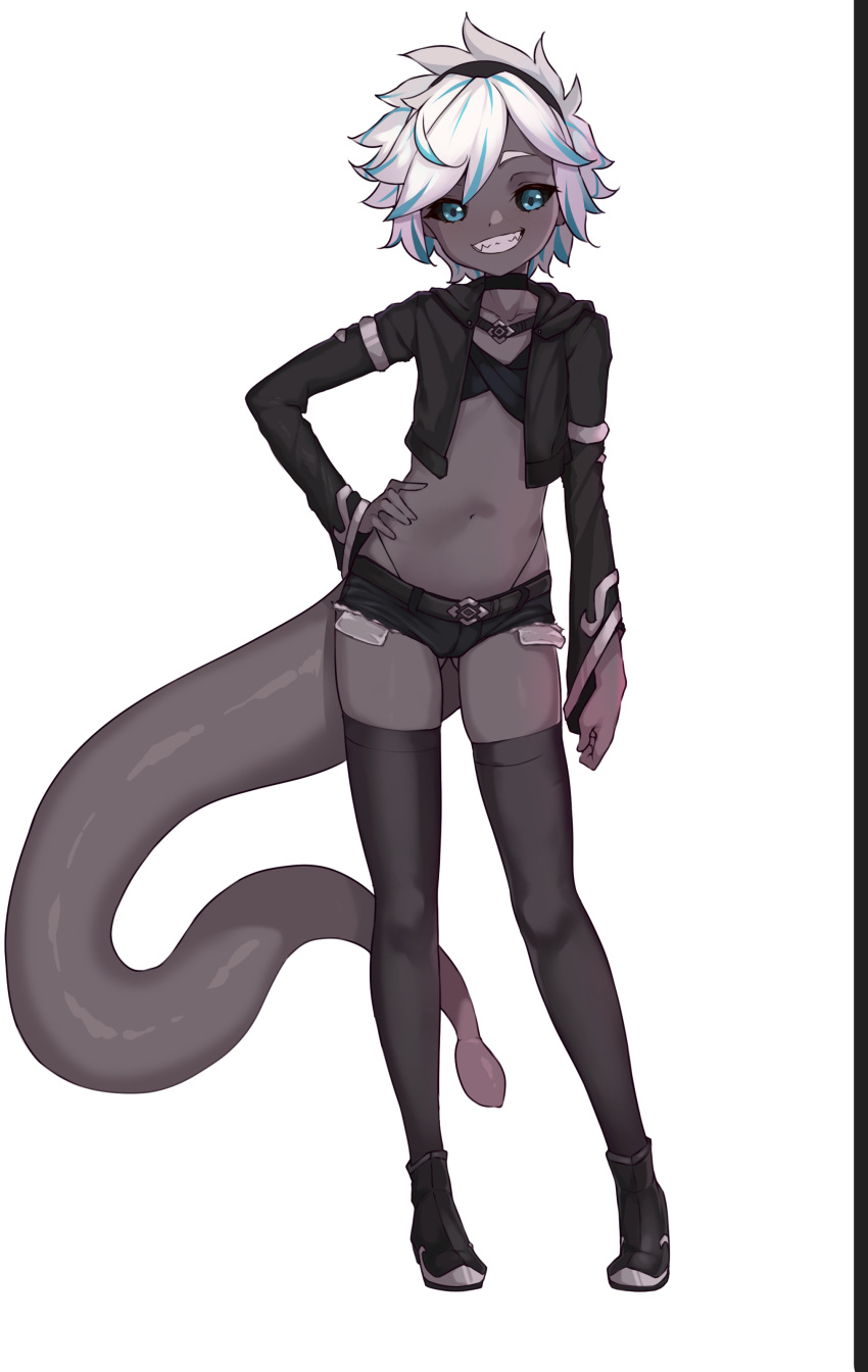 1girl absurdres black_footwear black_legwear black_sclera black_shorts black_skin blue_hair boots collarbone colored_sclera colored_skin commission crop_top demon_girl demon_tail eyebrows_visible_through_hair full_body grin hand_on_hip high_heel_boots high_heels highres looking_at_viewer micro_shorts monster_girl navel original parted_lips sharp_teeth short_hair shorts smile solo spiky_hair tail teeth thigh-highs todding tomboy white_hair