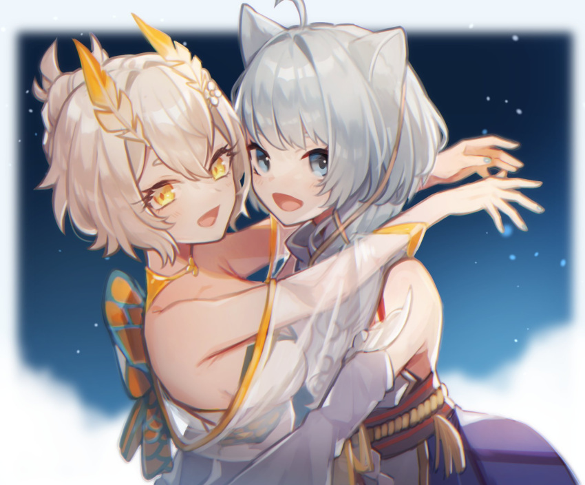 2girls animal_ears antennae arthropod_girl blonde_hair blue_eyes blue_nails breasts cat_ears cat_girl commission detached_sleeves english_commentary hair_bun highres hug indie_virtual_youtuber kino_(m6t2a) medium_breasts moth_girl multiple_girls night night_sky open_mouth orange_eyes sanagi_yuzu sayu_(vtuber) second-party_source short_hair silver_hair skeb_commission sky smile virtual_youtuber