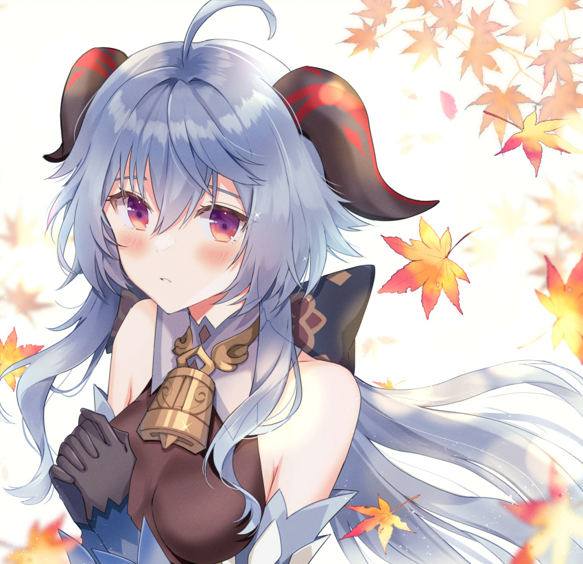 1girl ahoge autumn autumn_leaves bangs bare_shoulders bell black_gloves blue_hair blush bow bowtie breasts detached_sleeves ganyu_(genshin_impact) genshin_impact gloves highres horns interlocked_fingers leaf long_hair looking_at_viewer low_ponytail medium_breasts multicolored_eyes neck_bell own_hands_together sidelocks solo su2525 white_sleeves