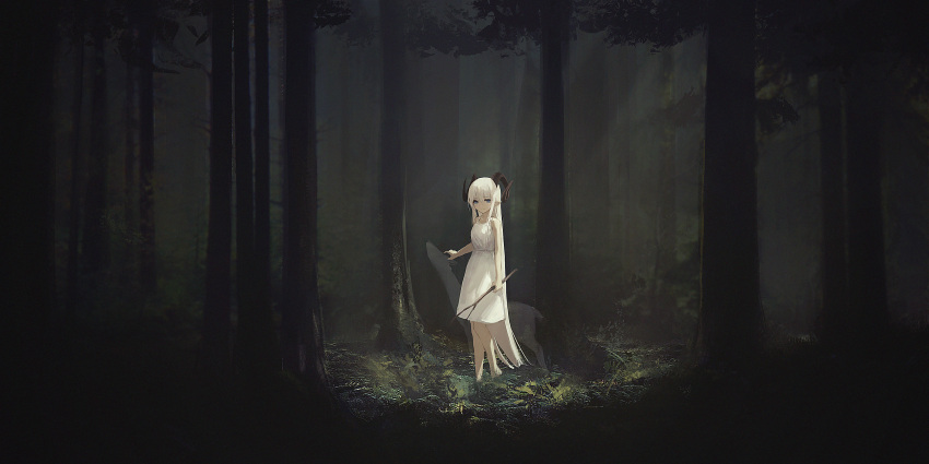 1girl absurdres bangs bare_legs blue_eyes branch closed_mouth commentary_request dark dress eyebrows_visible_through_hair forest goat_horns hair_between_eyes hara_shoutarou highres horns long_hair looking_at_viewer nature original pointy_ears sidelocks sleeveless sleeveless_dress smile solo spaghetti_strap standing very_long_hair white_dress white_hair wide_shot