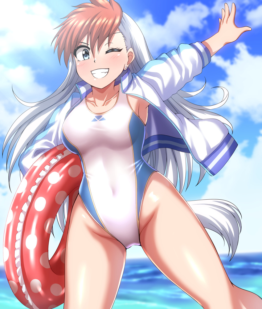 1girl absurdres blue_eyes blue_sky breasts clouds collarbone commentary_request competition_swimsuit covered_navel cowboy_shot day ghost_sweeper_mikami grin highres horizon innertube inuzuka_shiro jacket large_breasts letterman_jacket looking_at_viewer multicolored_clothes multicolored_hair multicolored_jacket ocean one-piece_swimsuit outdoors polka_dot_innertube redhead sky smile solo swimsuit two-tone_hair two-tone_jacket white_hair white_swimsuit zanntetu