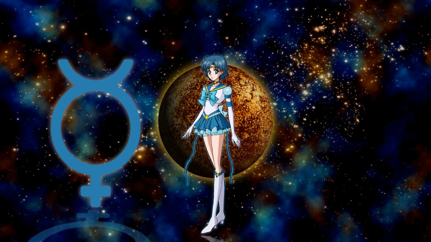 1girl bishoujo_senshi_sailor_moon black_hair blue_eyes blue_sailor_collar blue_skirt boots highres magical_girl mizuno_ami mugichan07 planet sailor sailor_collar sailor_mercury sailor_senshi_uniform senshi skirt solo superhero