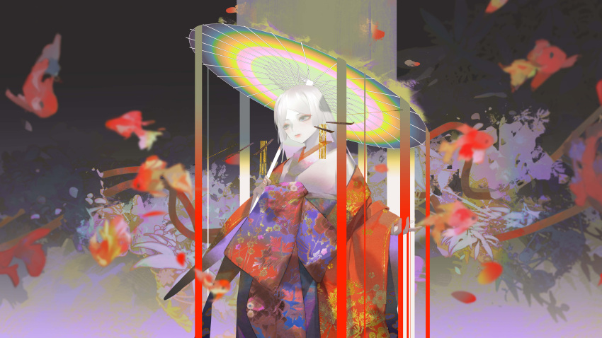 1girl absurdres black_background chinese_commentary closed_mouth commentary_request eyeshadow floral_print grey_eyes highres holding holding_umbrella japanese_clothes kimono koi long_hair long_sleeves makeup obi oil-paper_umbrella original print_kimono purple_kimono red_eyeshadow red_kimono sash silver_hair solo tsuioku_(908026270) umbrella upper_body