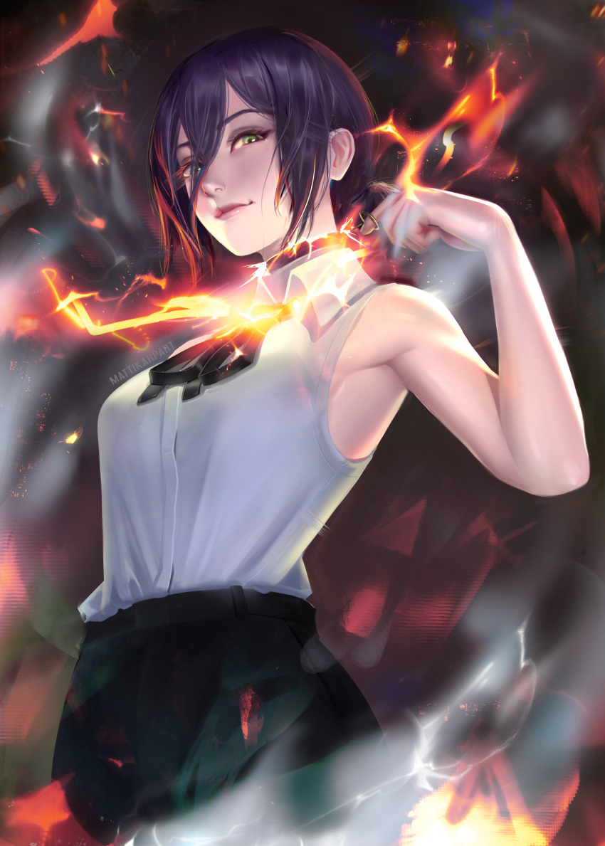 1girl absurdres armpit_peek bangs black_pants black_ribbon blue_hair chainsaw_man choker closed_mouth collared_shirt commentary fire from_below green_eyes hair_between_eyes hand_up high-waist_pants highres lips looking_at_viewer mattikarp neck_ribbon pants reze_(chainsaw_man) ribbon shirt shirt_tucked_in short_hair sleeveless solo white_shirt