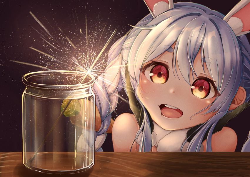 1girl :d absurdres animal_ears cheek_squash chiaroscuro commentary dark_background fireworks highres hololive open_mouth rabbit_ears rabbit_girl red_eyes short_eyebrows smile solo sparkler teeth thick_eyebrows uberly upper_body upper_teeth usada_pekora virtual_youtuber