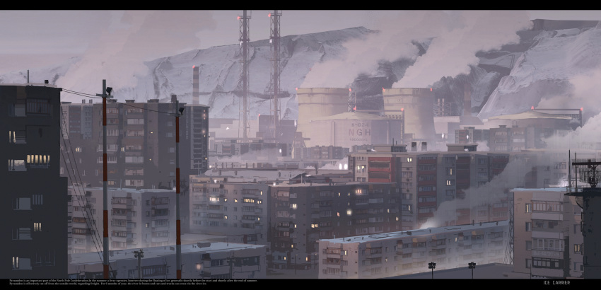 chinese_commentary cityscape commentary_request cooling_tower english_text haguruma_c highres letterboxed lights mountainous_horizon original overcast radio_tower realistic refinery scenery smoke snow urban utility_pole