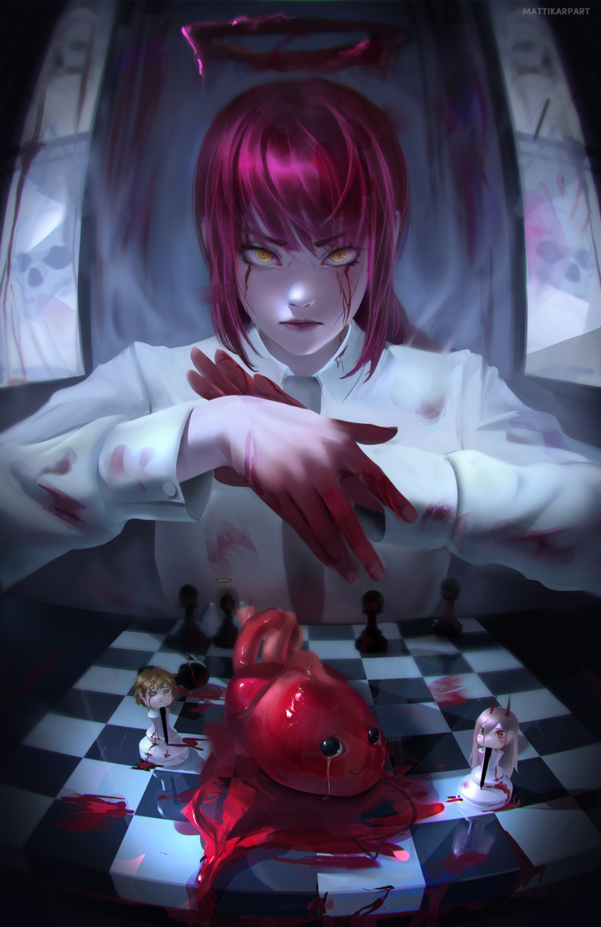 1girl absurdres blood blood_on_clothes blood_on_face blood_on_hands board_game chainsaw_man chess chess_piece chessboard collared_shirt denji_(chainsaw_man) heart_(organ) highres lips looking_at_viewer makima_(chainsaw_man) mattikarp necktie power_(chainsaw_man) redhead ringed_eyes shirt v-shaped_eyebrows white_shirt yellow_eyes