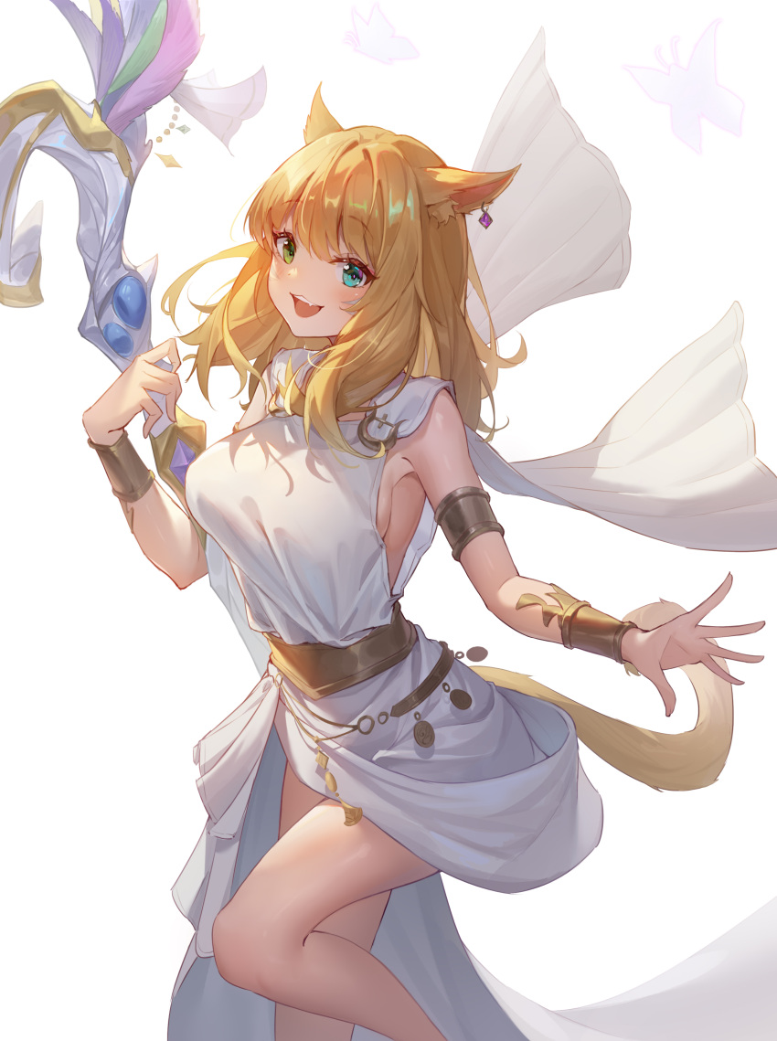1girl :3 absurdres animal_ears aqua_eyes armband belly_chain blonde_hair blush breasts cat_ears cat_girl cat_tail dddsunsky dress ear_piercing eyebrows_visible_through_hair feet_out_of_frame final_fantasy final_fantasy_xiv gold green_eyes hair_between_eyes heterochromia highres jewelry large_breasts long_hair looking_at_viewer miqo'te open_hand open_mouth piercing sideboob sideless_outfit simple_background smile solo staff standing standing_on_one_leg tail thighs toga white_background white_dress wrist_guards