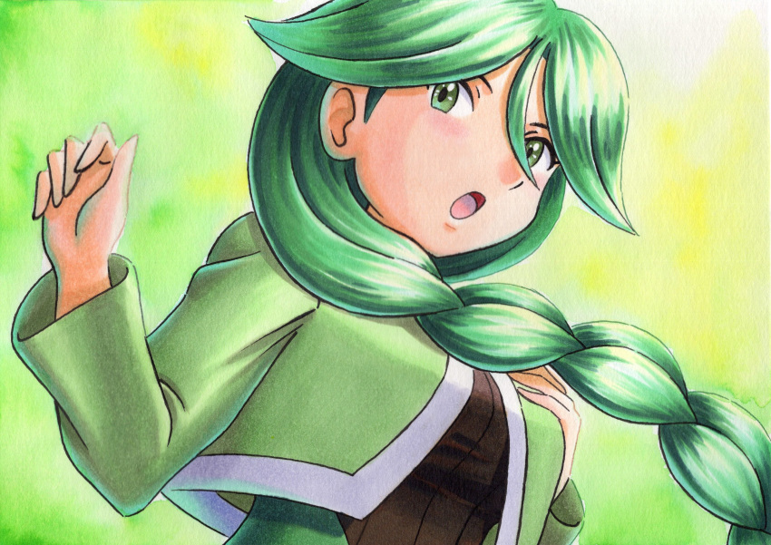 1girl :o braid breasts brown_shirt cheryl_(pokemon) commentary_request green_background green_eyes green_hair green_jacket hair_over_shoulder hands_up highres jacket long_hair long_sleeves momi_(pokemon) oka_mochi open_mouth pokemon pokemon_(game) pokemon_dppt ribbed_shirt shirt single_braid solo tongue traditional_media upper_body