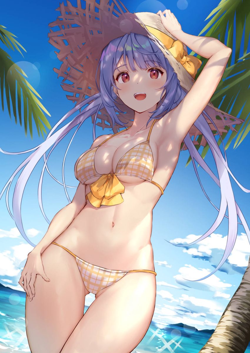 1girl :d arm_up armpits ass_visible_through_thighs bangs bikini blunt_bangs blush bow bow_bikini breasts cowboy_shot day dutch_angle eyebrows_visible_through_hair hand_on_headwear hand_on_hip hat hat_bow highres lens_flare long_hair looking_at_viewer medium_breasts metatarou navel ocean open_mouth original outdoors palm_tree plaid plaid_bikini purple_hair shade sidelocks smile solo sparkle standing straw_hat string_bikini sun_hat swimsuit thigh_gap tree twintails under_boob yellow_bikini