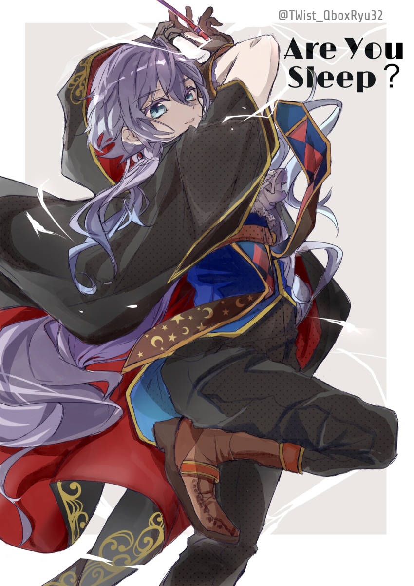 1boy alternate_hairstyle androgynous blue_eyes colored_tips crescent epel_felmier highres long_hair male_focus pale_skin purple_hair robe solo star_(symbol) twist_qboxryu32 twisted_wonderland