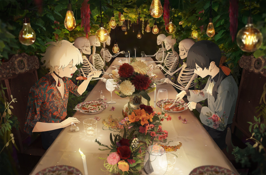 2boys absurdres akcotcooooooo black_choker black_hair candle choker earrings eating fire flower food highres holding holding_knife jewelry knife leaf light_bulb long_sleeves meat multiple_boys orange_flower original pink_flower plant plate print_shirt red_flower shirt short_hair short_sleeves skeleton table white_flower white_hair yellow_flower