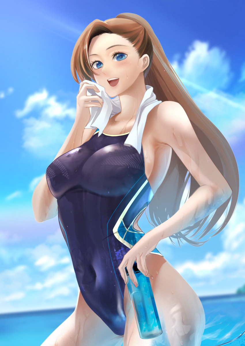 1girl absurdres aqua_eyes bangs blue_sky blurry blurry_background bottle breasts brown_hair clouds commentary_request competition_swimsuit covered_navel cowboy_shot day hair_ribbon highres horizon katarina_claes lavenderpa long_hair medium_breasts ocean one-piece_swimsuit otome_game_no_hametsu_flag_shika_nai_akuyaku_reijou_ni_tensei_shite_shimatta outdoors ribbon sky smile solo swept_bangs swimsuit towel towel_around_neck upper_body water_bottle