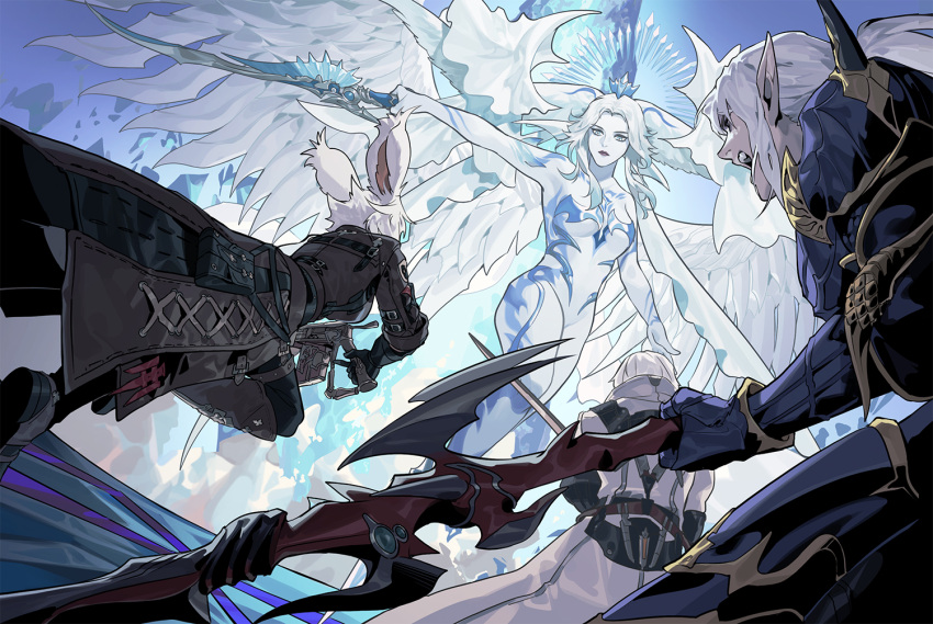 2boys 2girls animal_ears armor avatar_(ff14) battle breasts byuub coat estinien_varlineau final_fantasy final_fantasy_xiv gunblade hydaelyn jacket multiple_boys multiple_girls open_mouth pale_skin pointy_ears polearm rabbit_ears silver_hair spear spoilers thancred_waters viera weapon white_hair wings