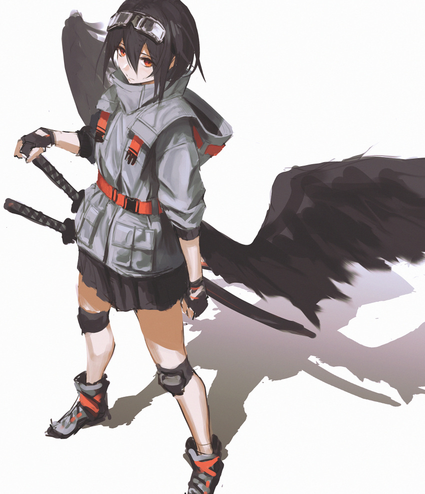 1girl absurdres black_gloves black_hair black_skirt black_wings commentary_request eyebrows_visible_through_hair full_body gloves hair_between_eyes hara_shoutarou highres legs_apart looking_at_viewer original pleated_skirt red_eyes serious shadow shoes short_hair sketch skirt sneakers solo standing sword weapon white_background wings